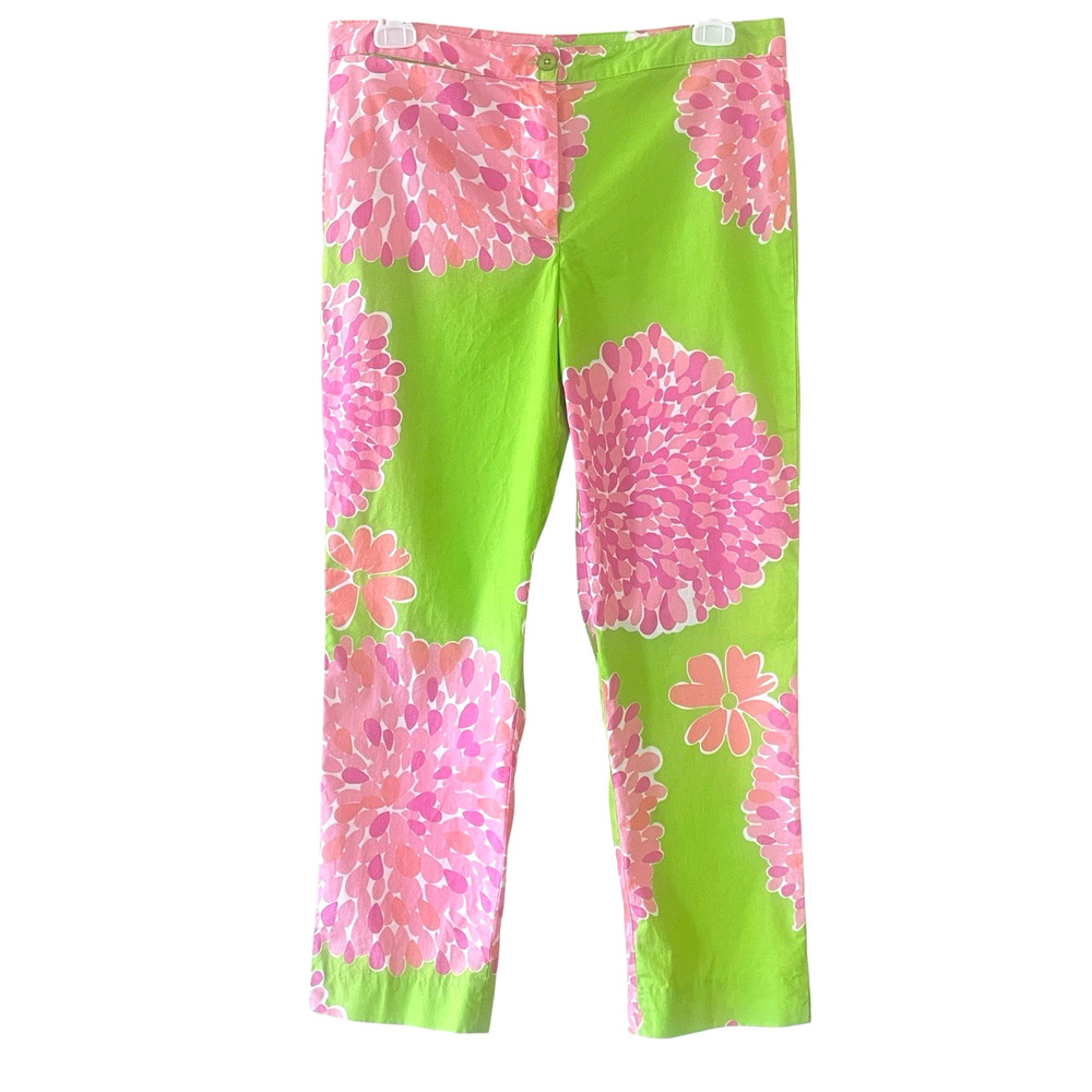 LILLY PULITZER Size 8 Green Pink Floral Pants Flat Front Zip Button Slip Pocket